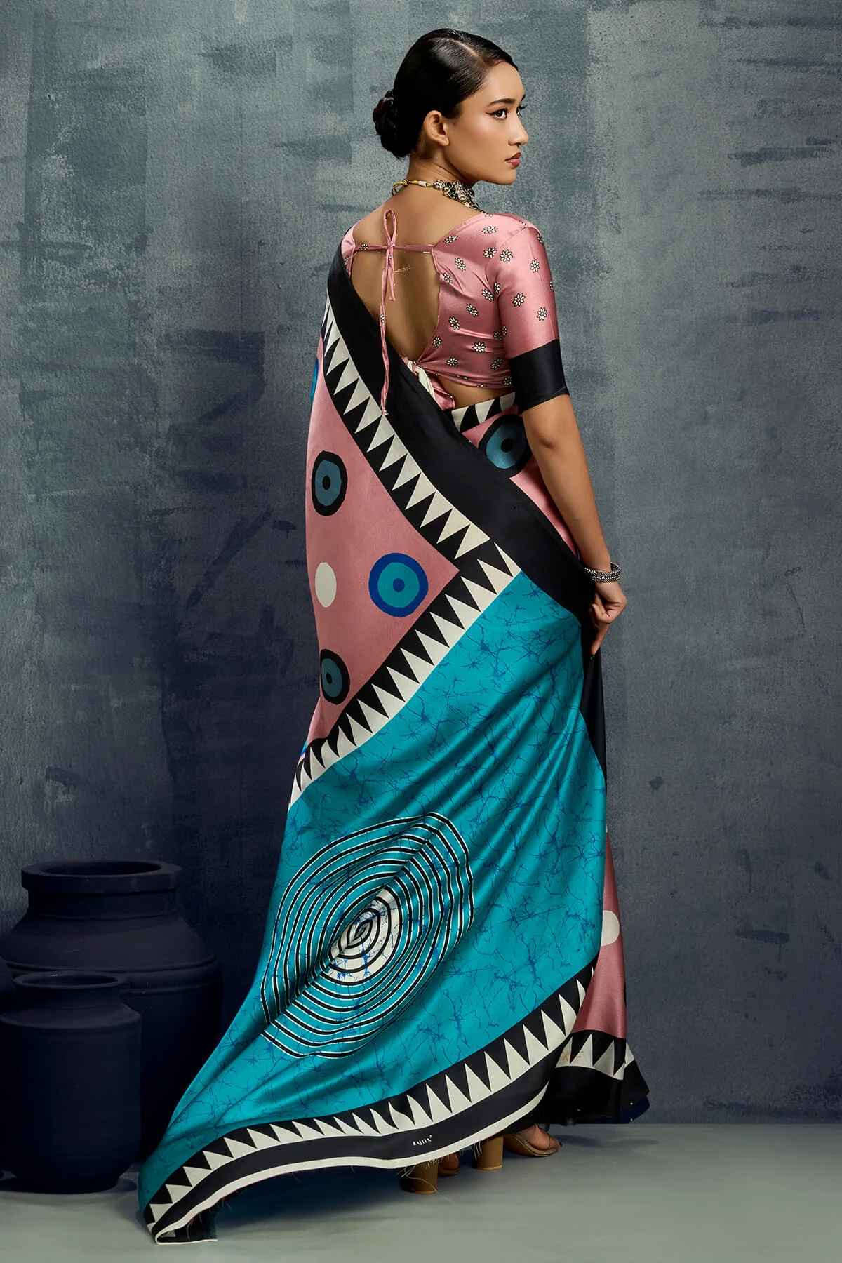 Adorning Pink Ajrakh Printed Satin Silk Saree With Chatoyant Blouse Piece - Image 5