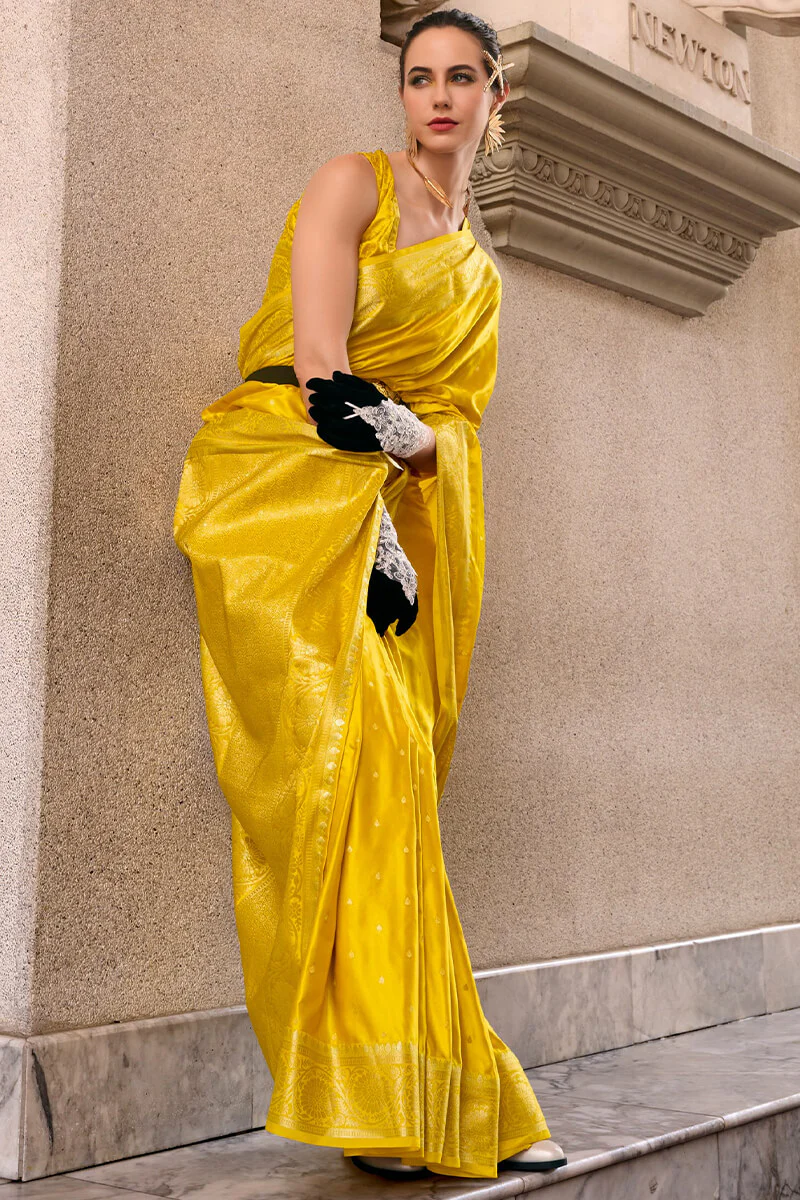 Adorning Yellow Banarasi Satin Silk Saree With Demanding Blouse - Image 3