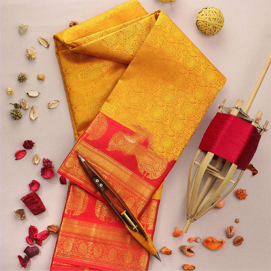 Adorning Yellow Soft Banarasi Silk Saree With Flattering Blouse Piece - Image 6