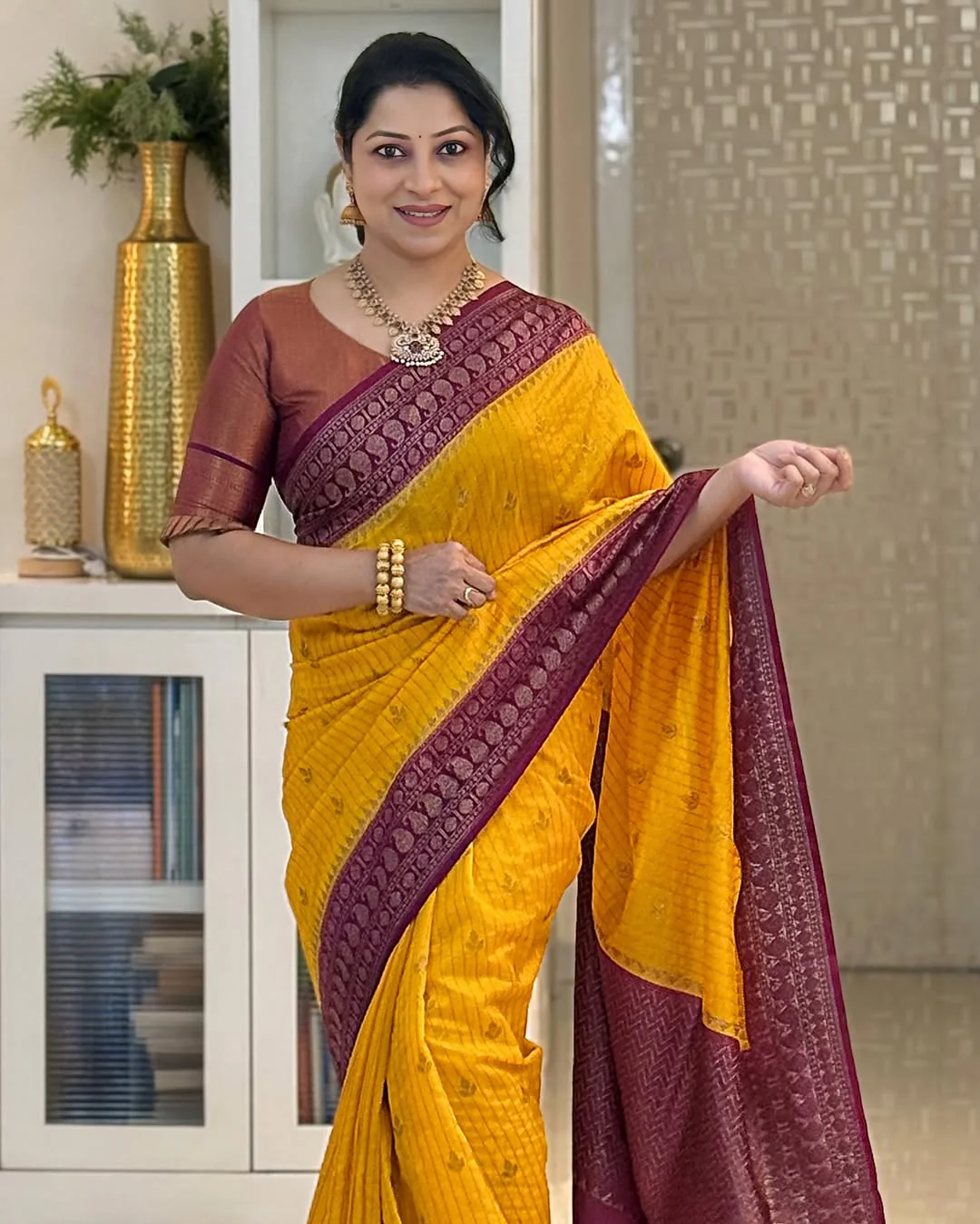Adorning Yellow Soft Silk Saree With Unique Blouse Piece - Image 2