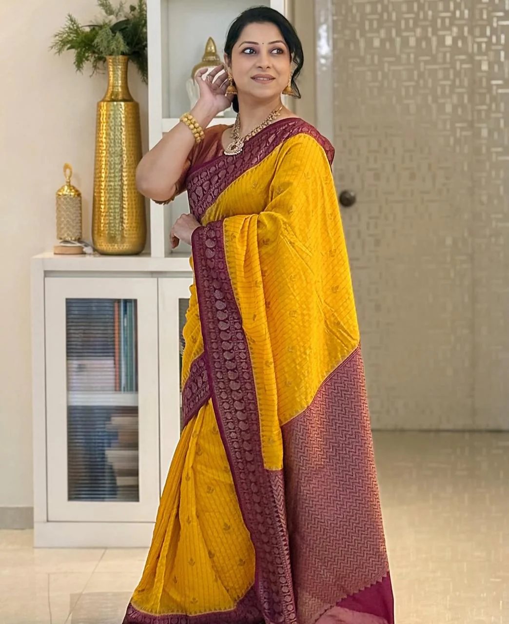 Adorning Yellow Soft Silk Saree With Unique Blouse Piece - Image 3