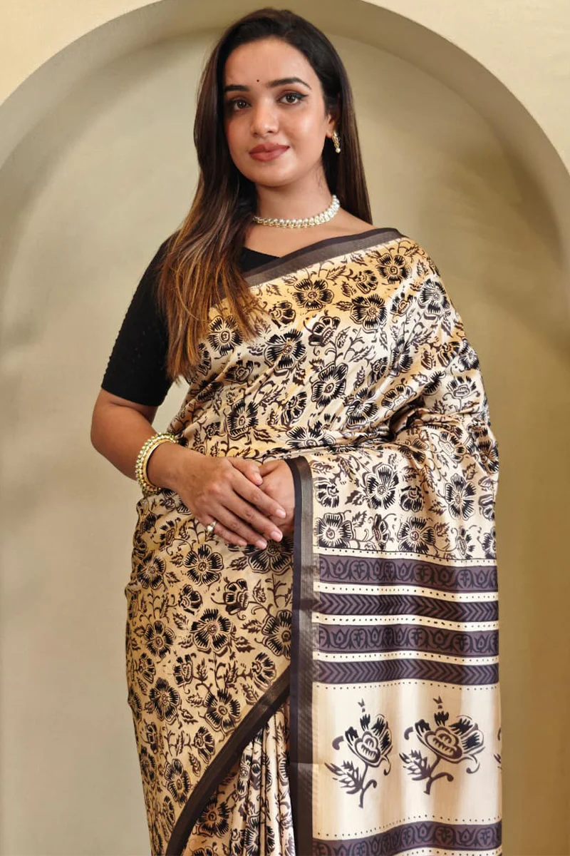 Ailurophile Beige Viscose Dola Silk Printed Saree With Wonderful Blouse Piece - Image 2