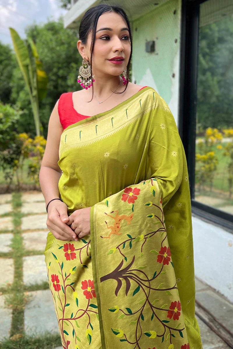 Ailurophile Mehndi Paithani Silk Saree With Effervescent Blouse Piece - Image 2