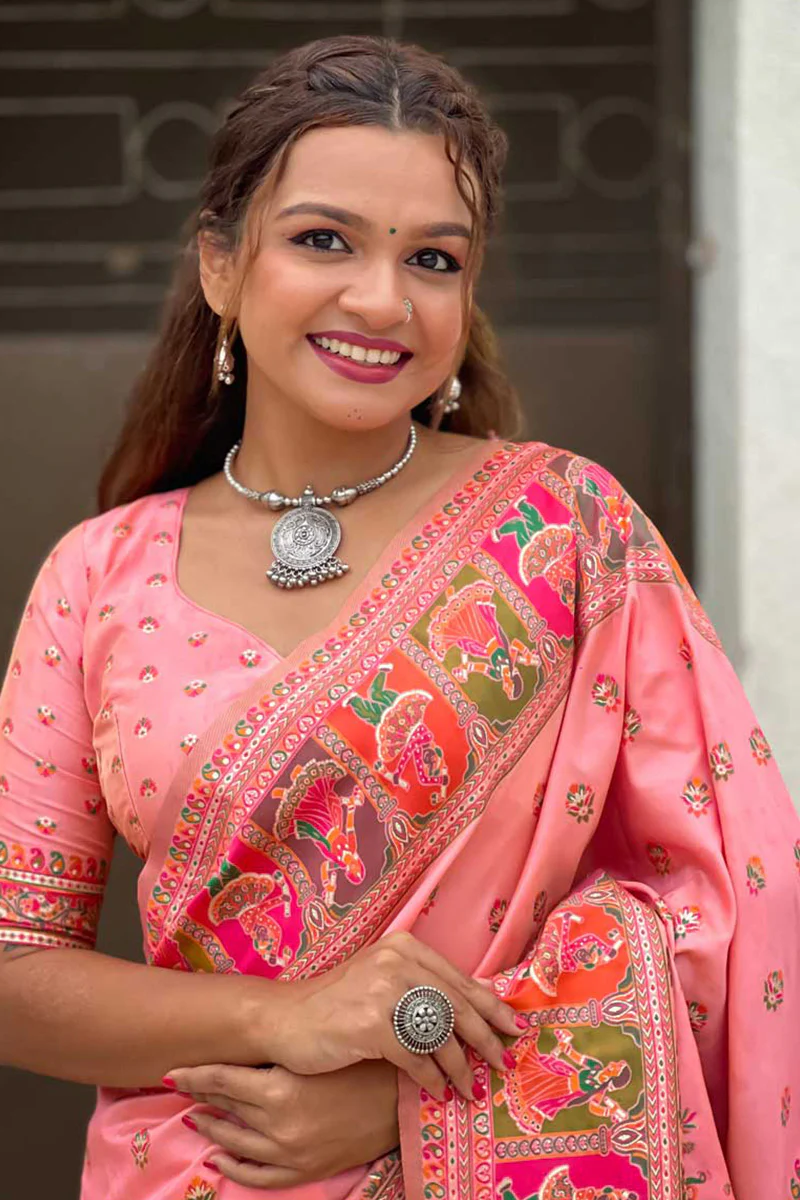 Ailurophile Pink Nylon Dola Pashmina Saree With Vestigial Blouse Piece - Image 2