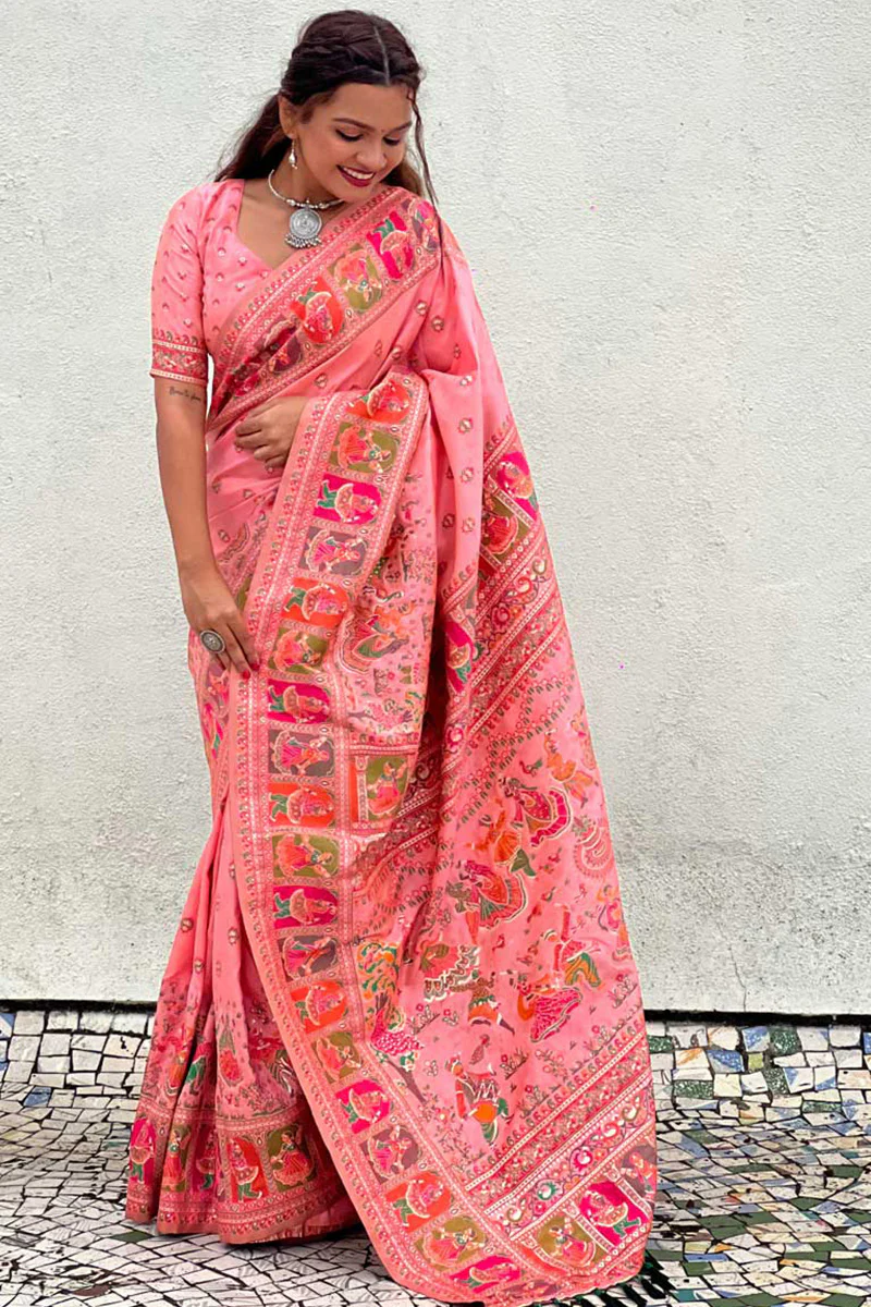 Ailurophile Pink Nylon Dola Pashmina Saree With Vestigial Blouse Piece - Image 3