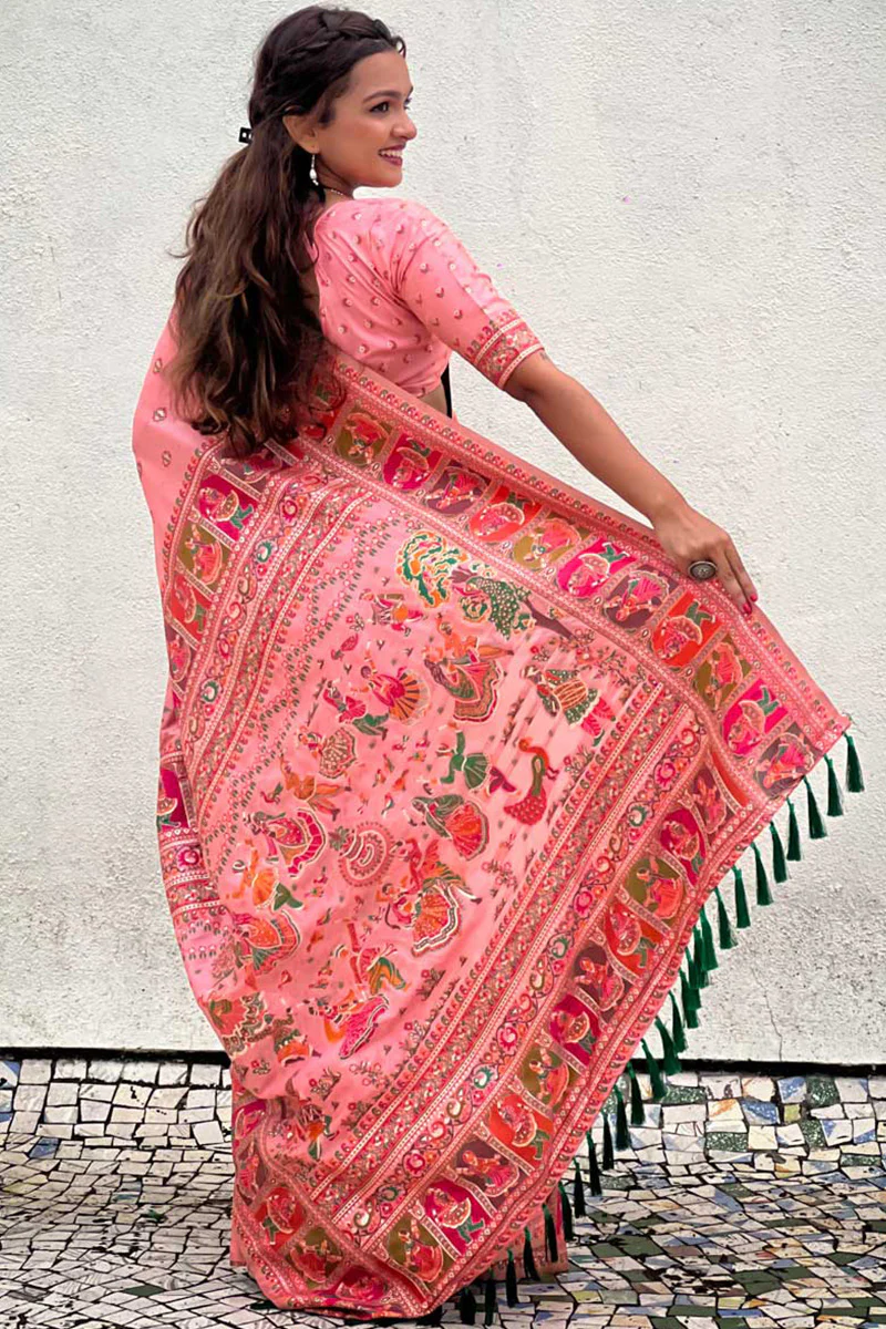 Ailurophile Pink Nylon Dola Pashmina Saree With Vestigial Blouse Piece - Image 4