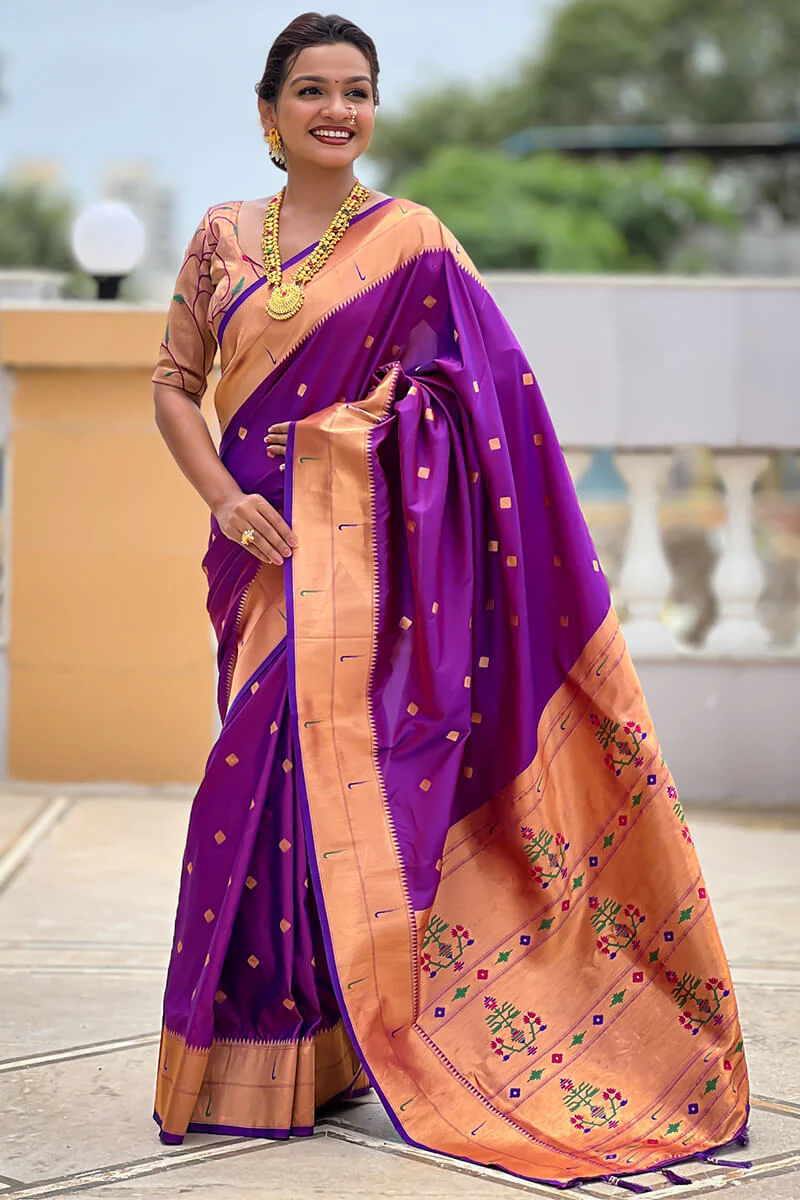 Ailurophile Purple Paithani Silk Saree With Incomparable Blouse Piece - Image 3