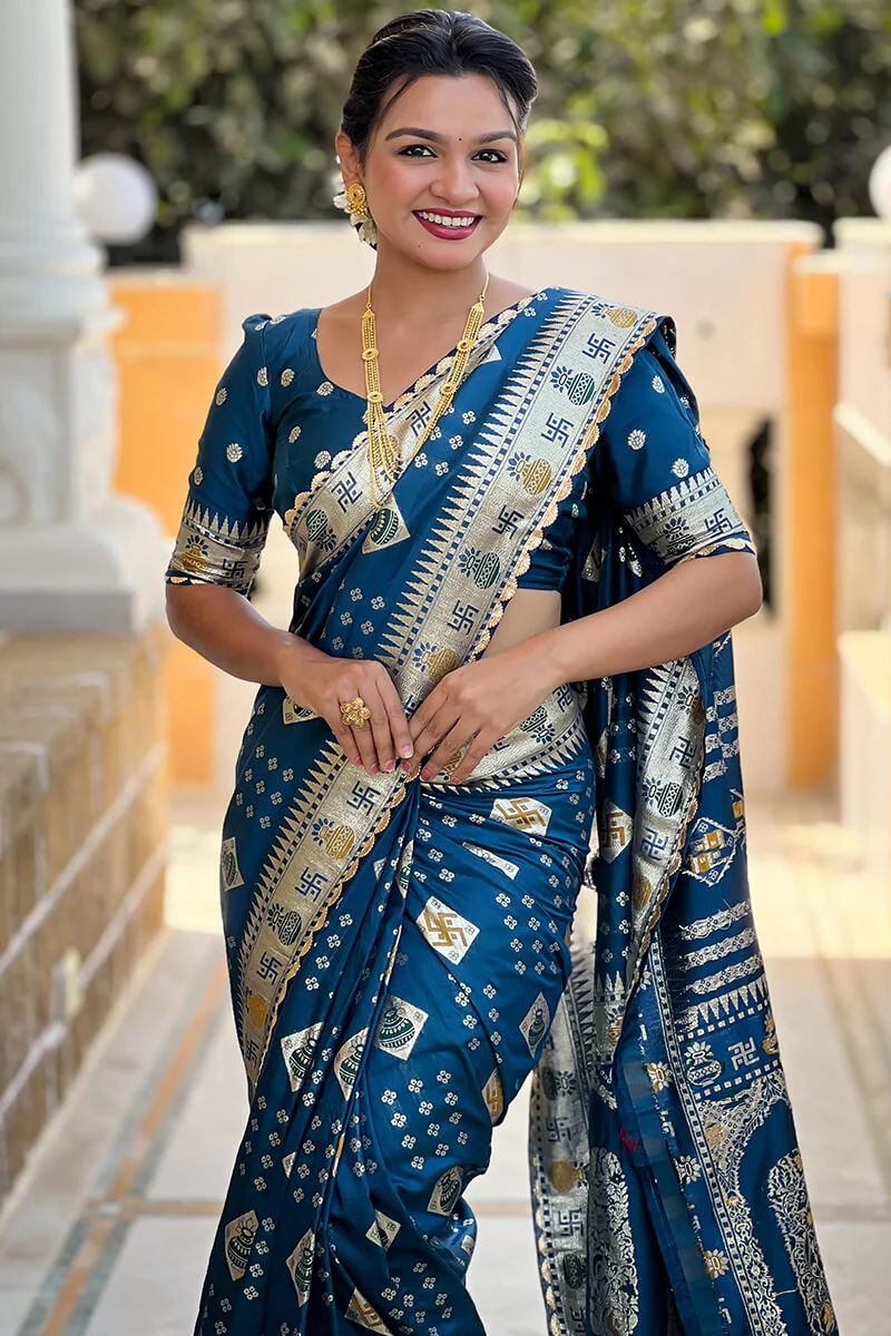 Ailurophile Rama Soft Banarasi Silk Saree With Beautiful Blouse Piece - Image 2