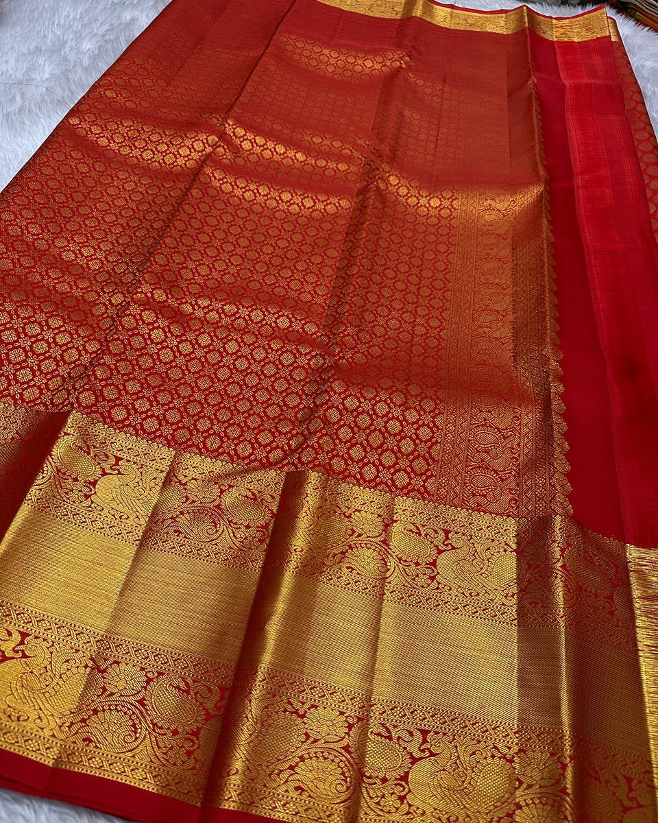 Ailurophile Red Soft Banarasi Silk Saree With Vestigial Blouse Piece - Image 2