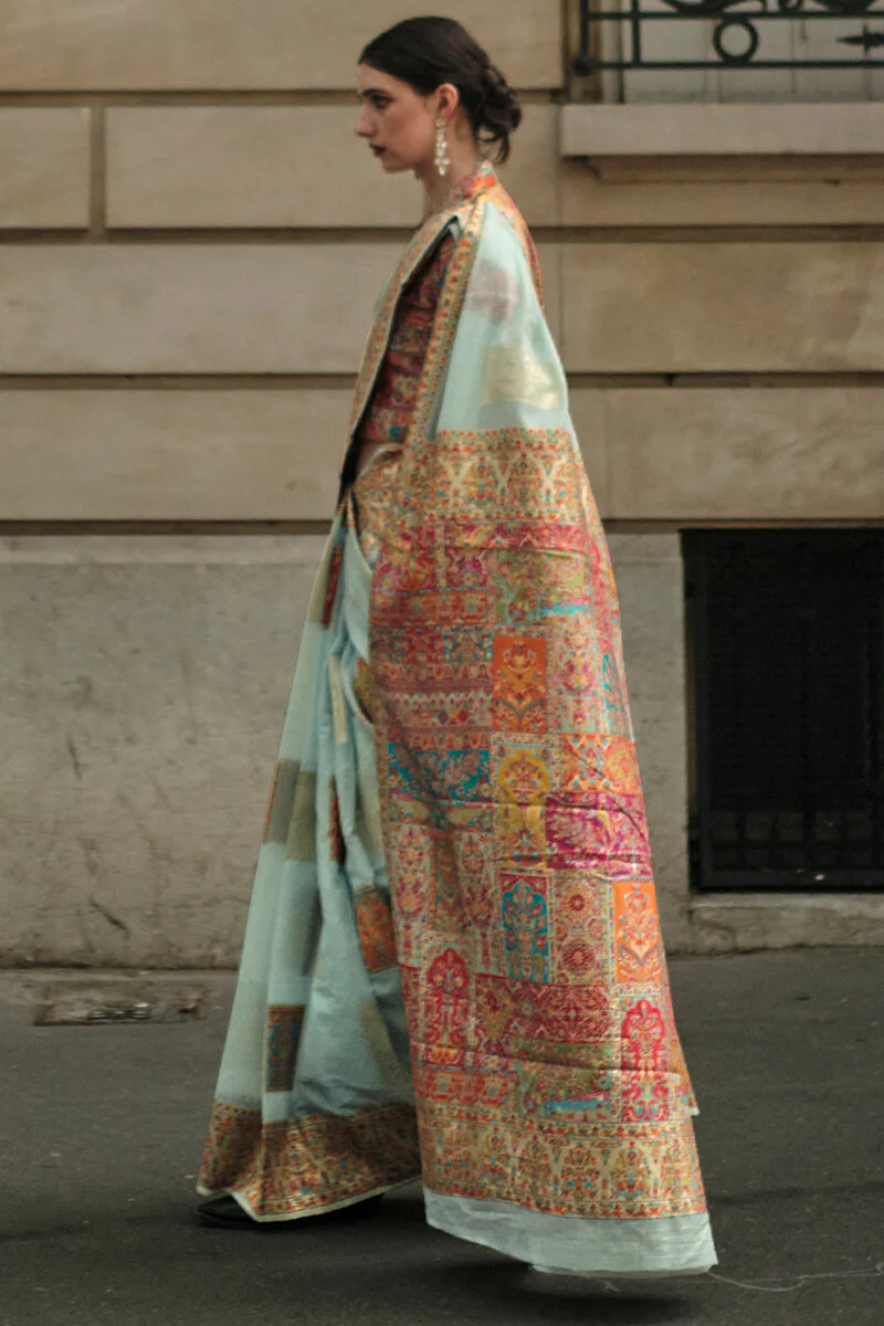 Ailurophile Sky Pashmina saree With Effulgent Blouse Piece - Image 3