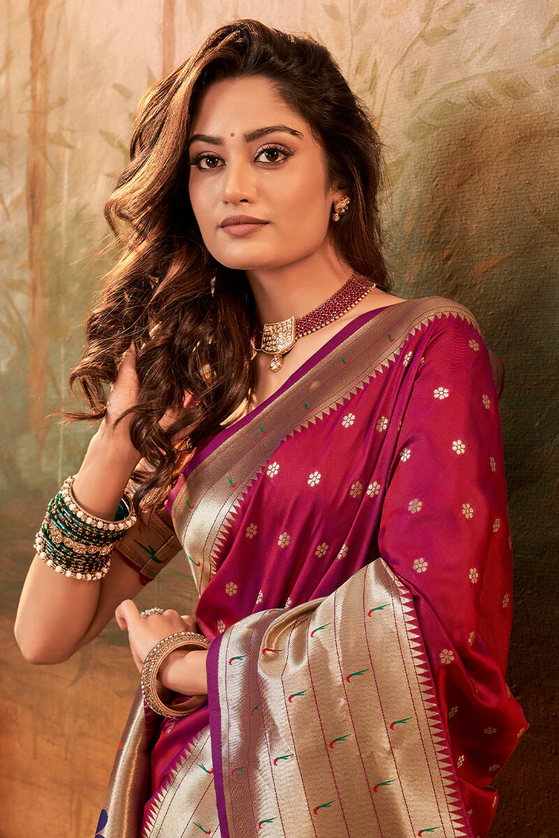 Ailurophile Wine Paithani Silk Saree With Embrocation Blouse Piece - Image 2