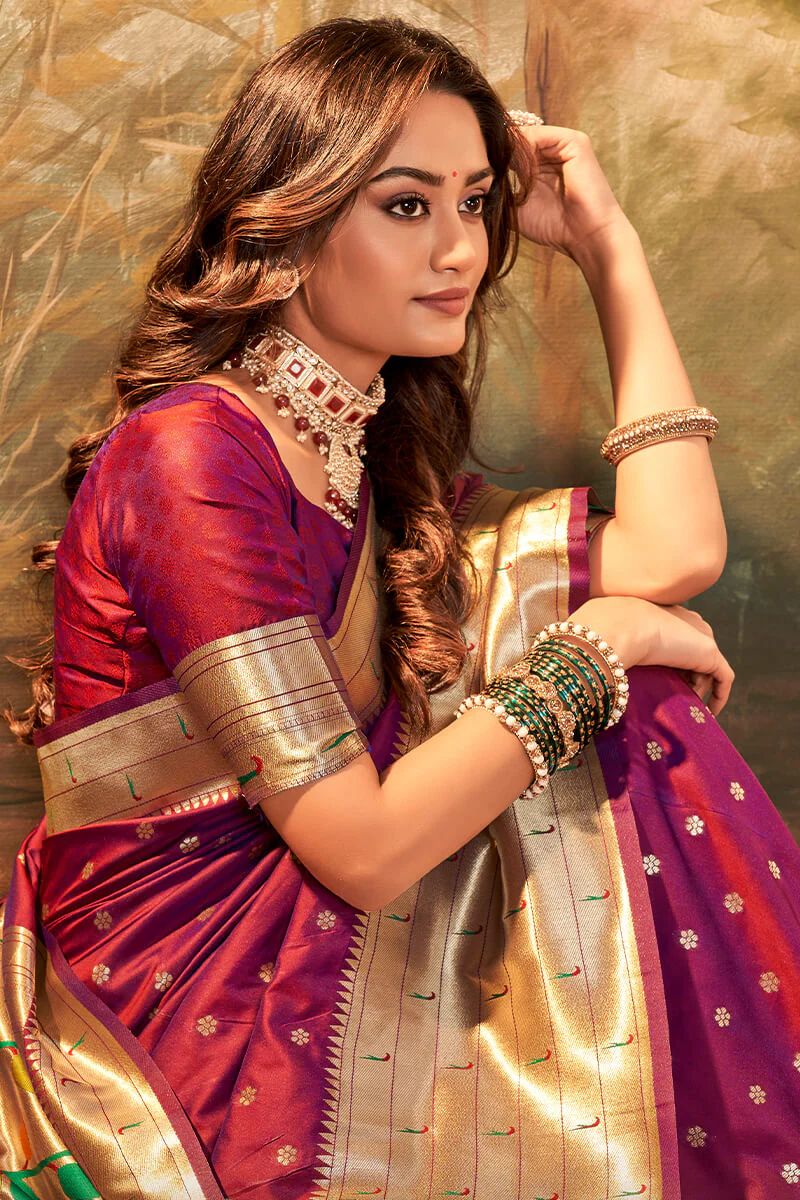 Ailurophile Wine Paithani Silk Saree With Embrocation Blouse Piece - Image 3