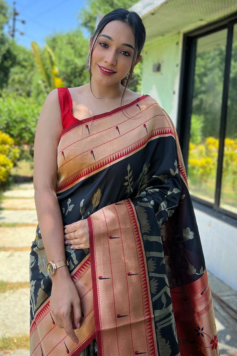 Allure Black Paithani Silk Saree With Elaborate Blouse Piece - Image 2
