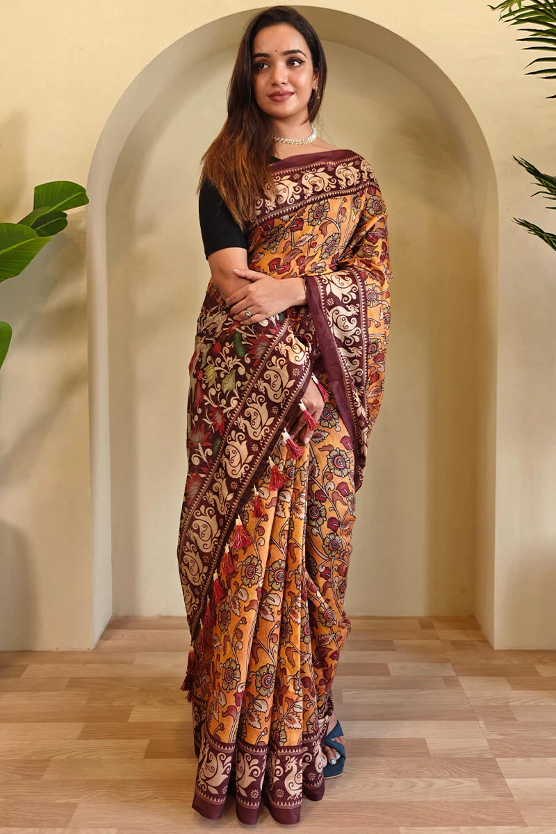 Allure Mustard Kalamkari Printed Saree With Desultory Blouse Piece - Image 2