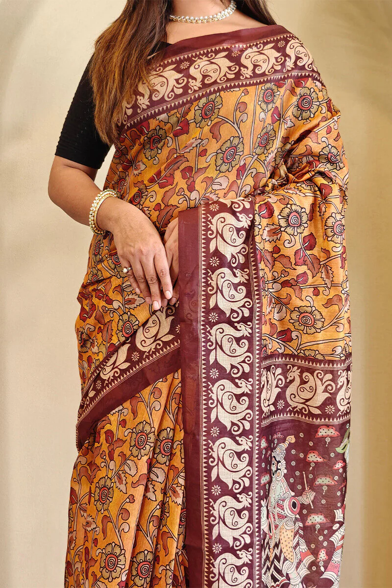 Allure Mustard Kalamkari Printed Saree With Desultory Blouse Piece - Image 3