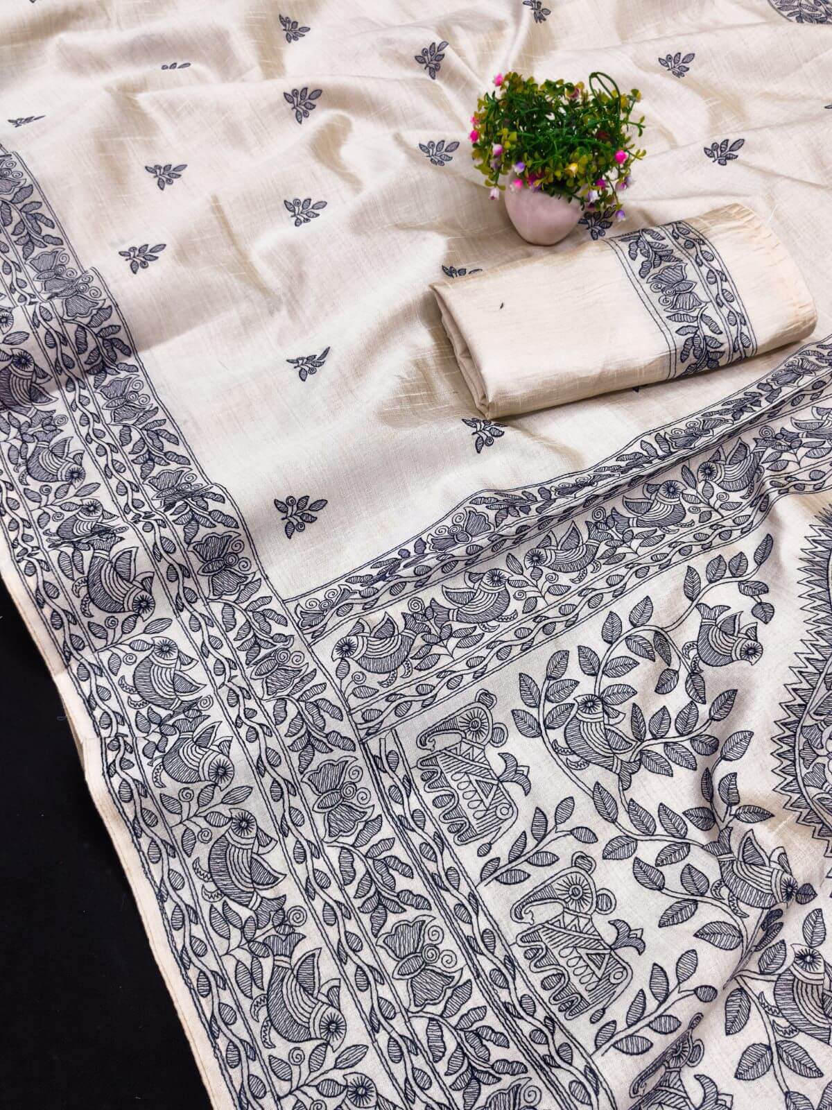 Allure Off White Embroidery Work Tussar Silk Saree With Dissemble Blouse Piece - Image 4