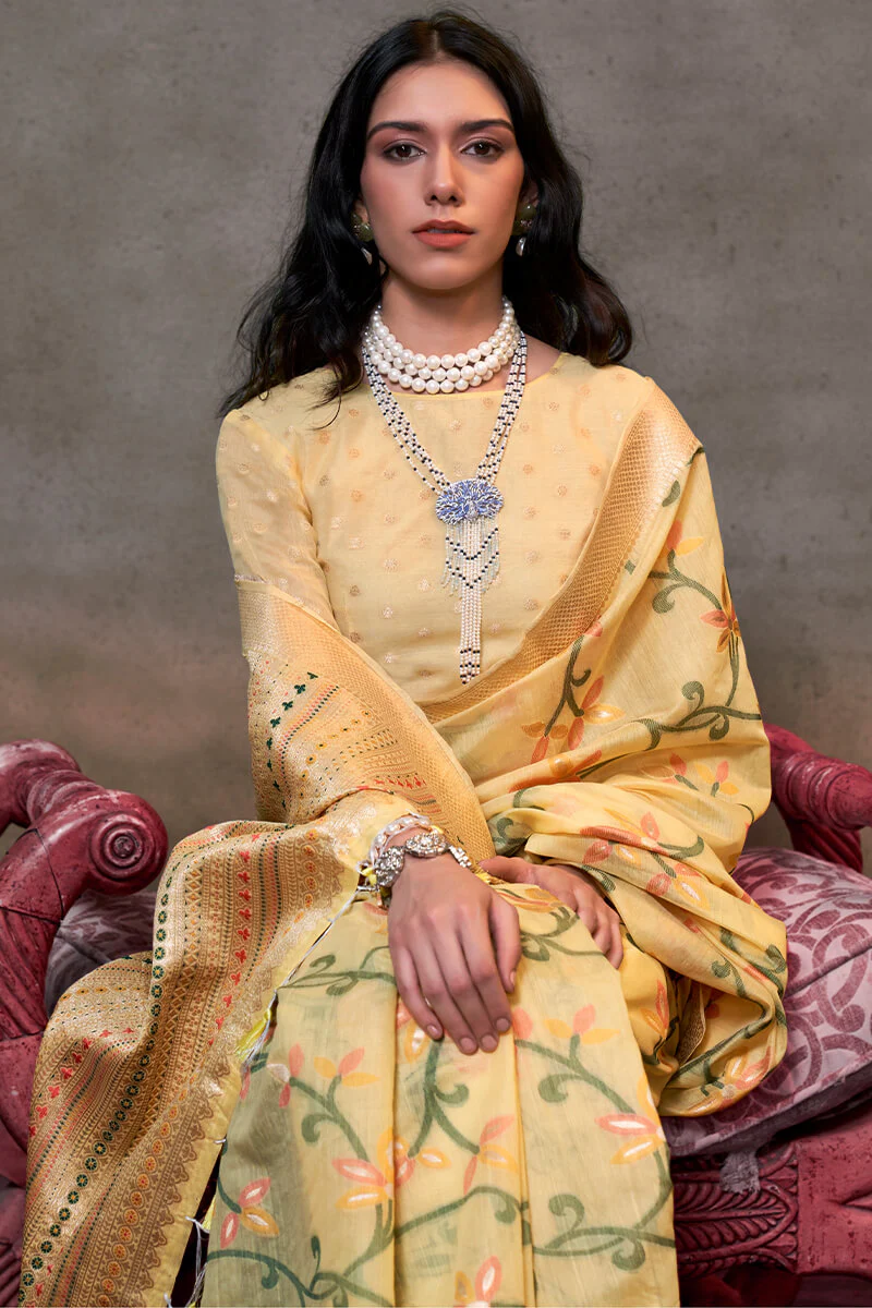 Allure Yellow Cotton Silk Saree With Opulent Blouse Piece - Image 2