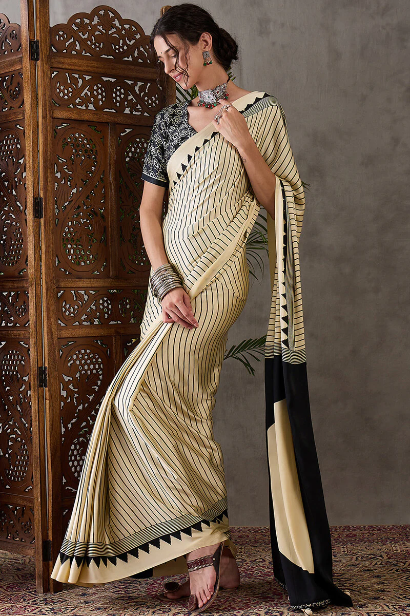 Alluring Beige Ajrakh Printed Semi Modal Silk Saree With Cynosure Blouse Piece - Image 5