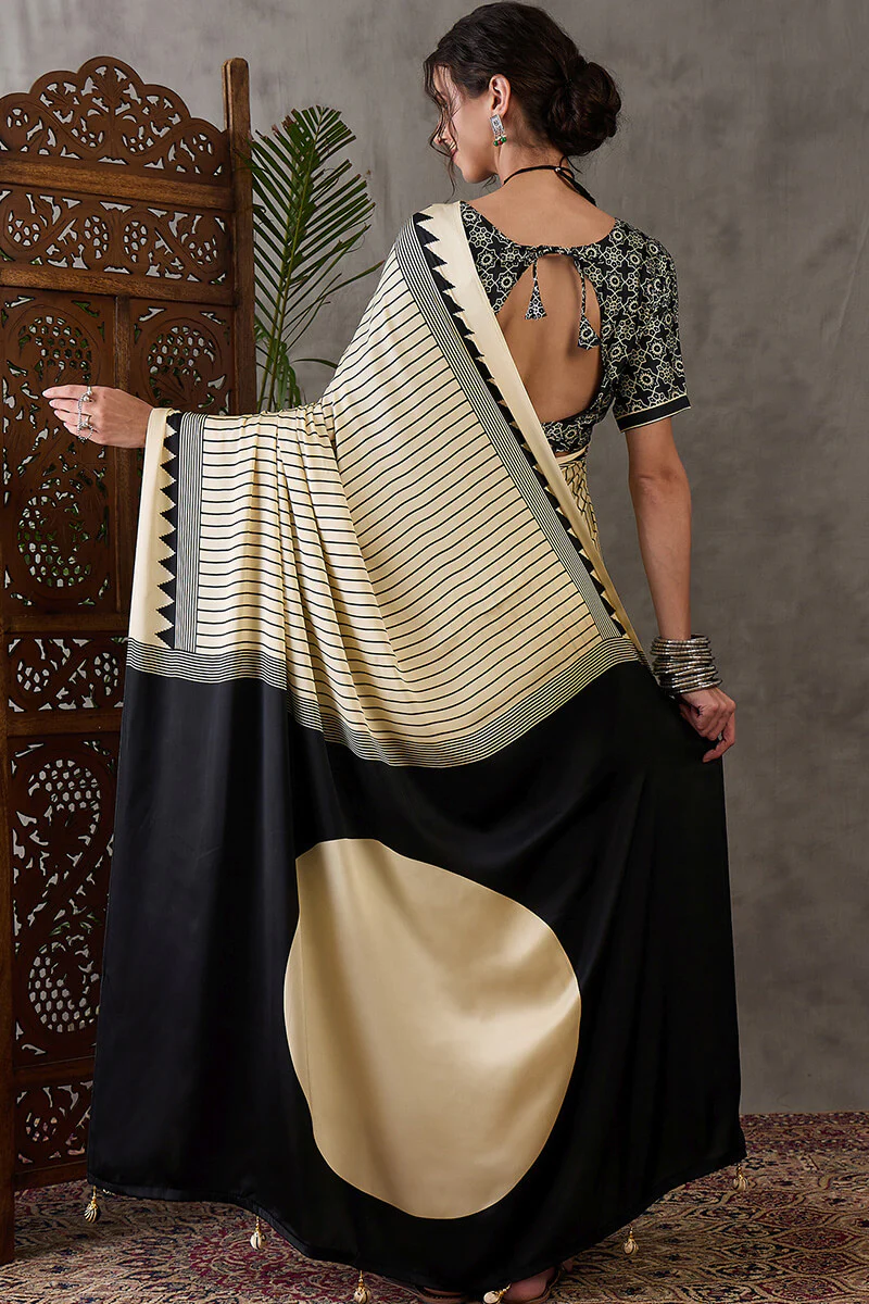 Alluring Beige Ajrakh Printed Semi Modal Silk Saree With Cynosure Blouse Piece - Image 7