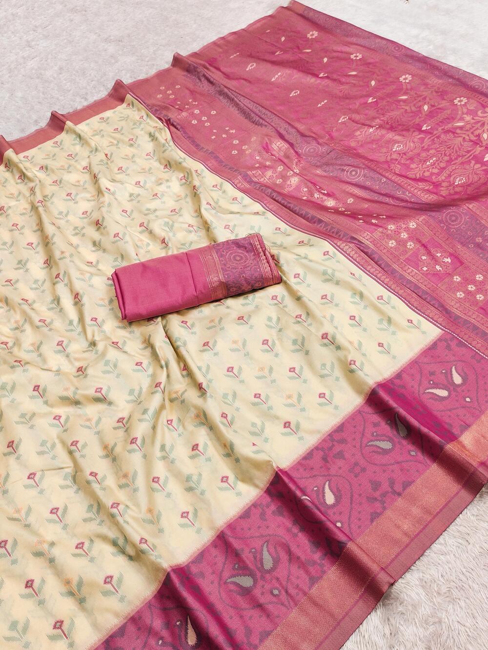 Alluring Beige Pure Zari Weaving Banarasi Silk Saree With Dalliance Blouse Piece