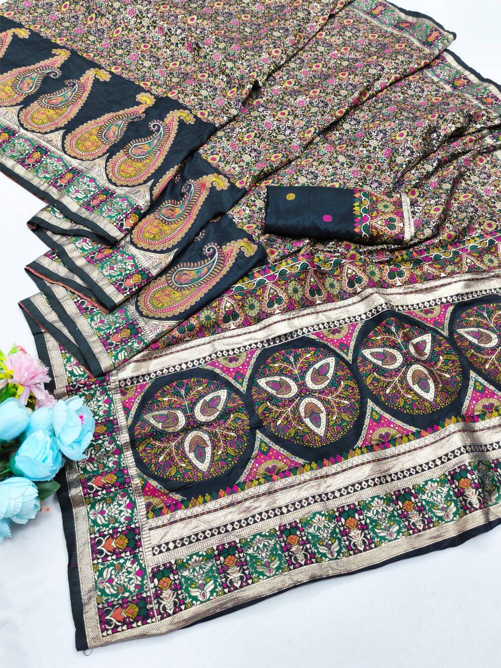 Alluring Black Nylon Dola Pashmina Saree With Fancifull Blouse Piece - Image 5