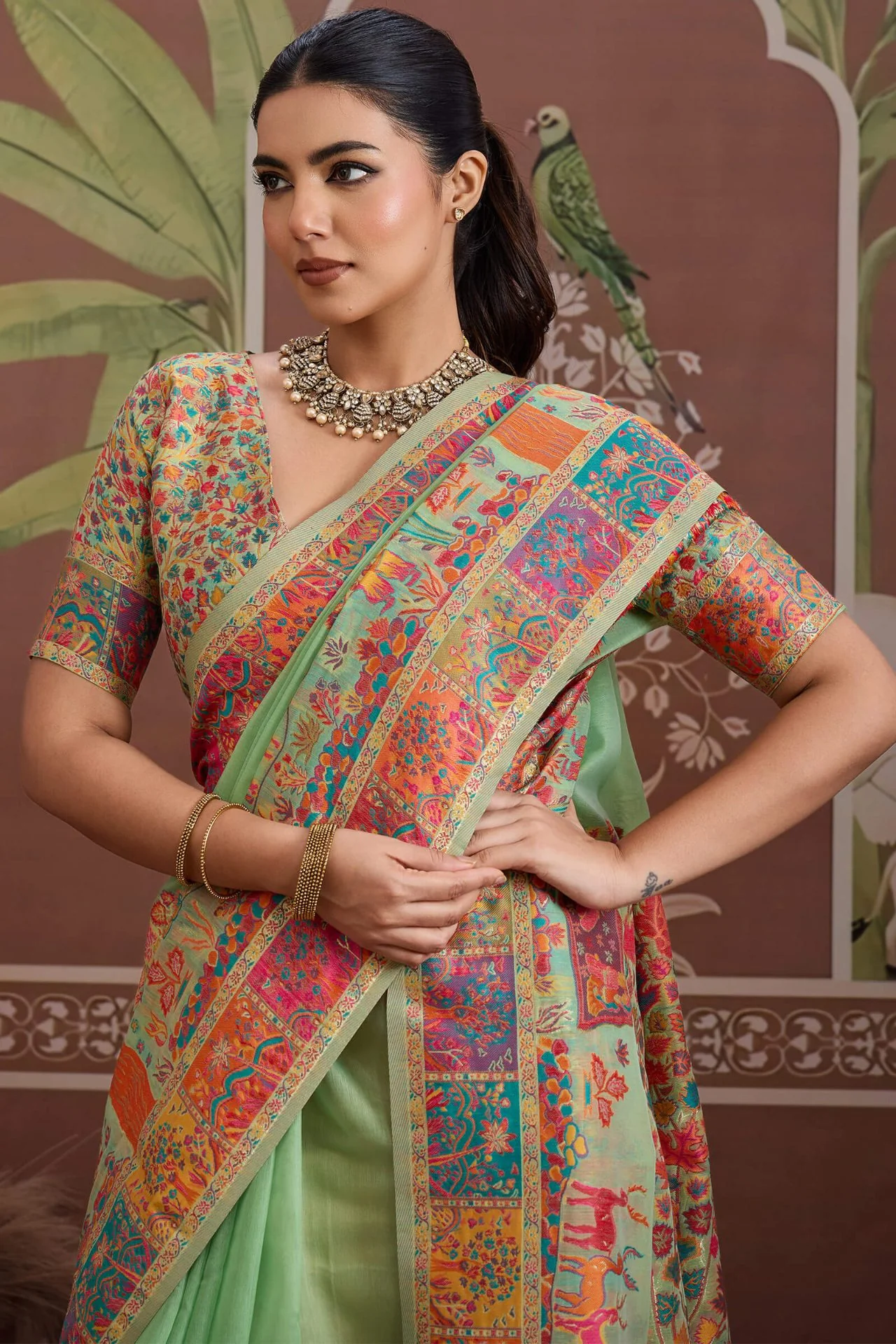 Alluring Pista Pashmina saree With Nebula Blouse Piece - Image 2