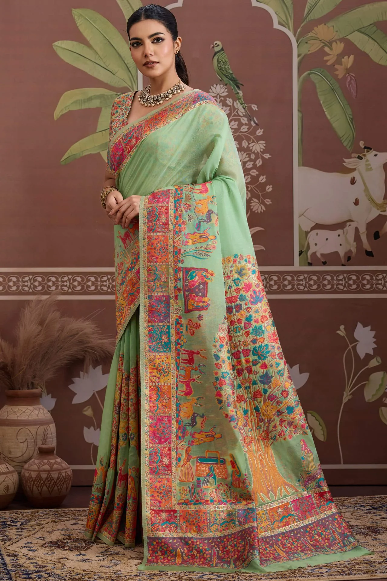 Alluring Pista Pashmina saree With Nebula Blouse Piece - Image 3