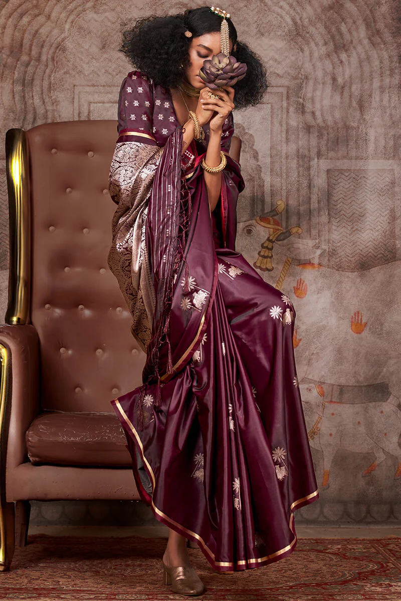 Alluring Wine Banarasi Satin Silk Saree With Skinny Blouse - Image 2