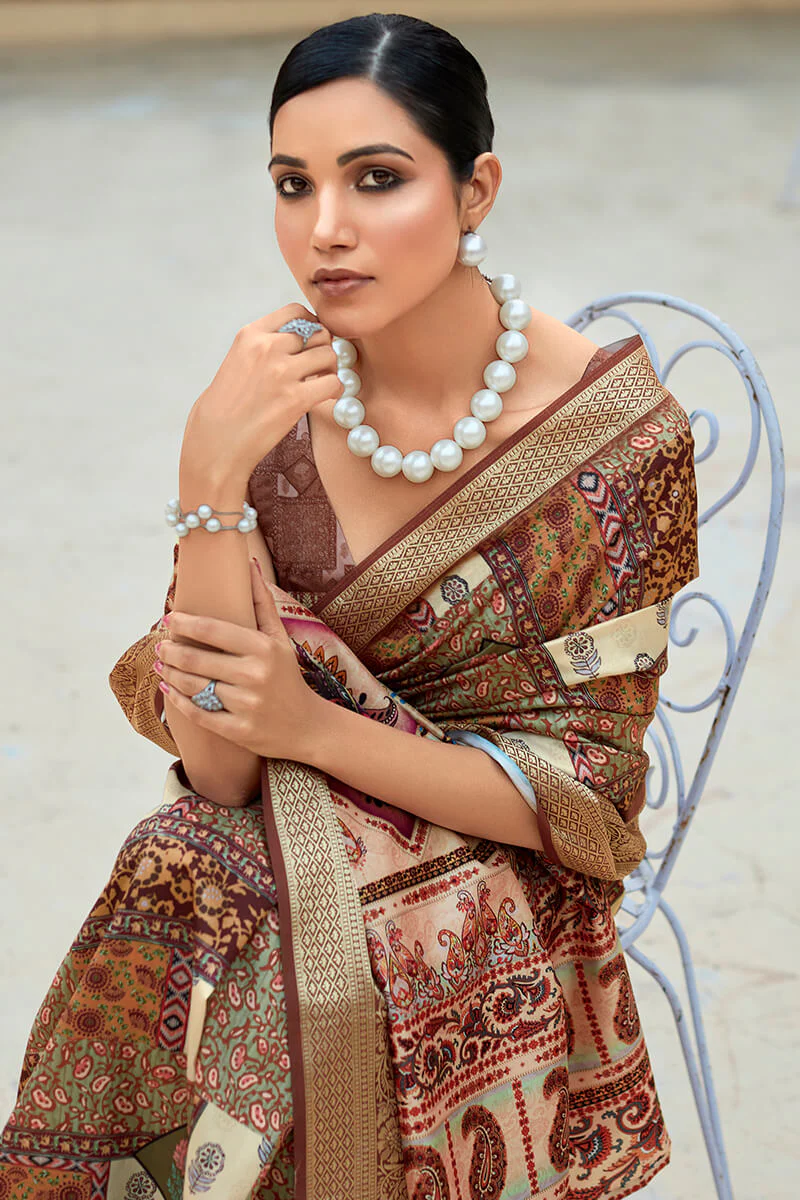 Amazing Brown Digital Printed Dola Silk Saree With Invaluable Blouse Piece - Image 3