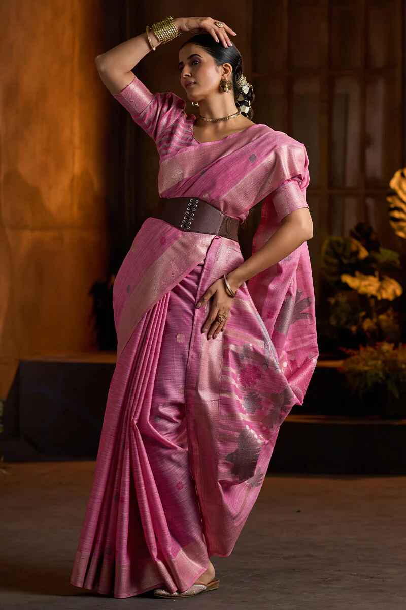 Amazing Dark Pink Cotton Silk Saree With Elaborate Blouse Piece - Image 5
