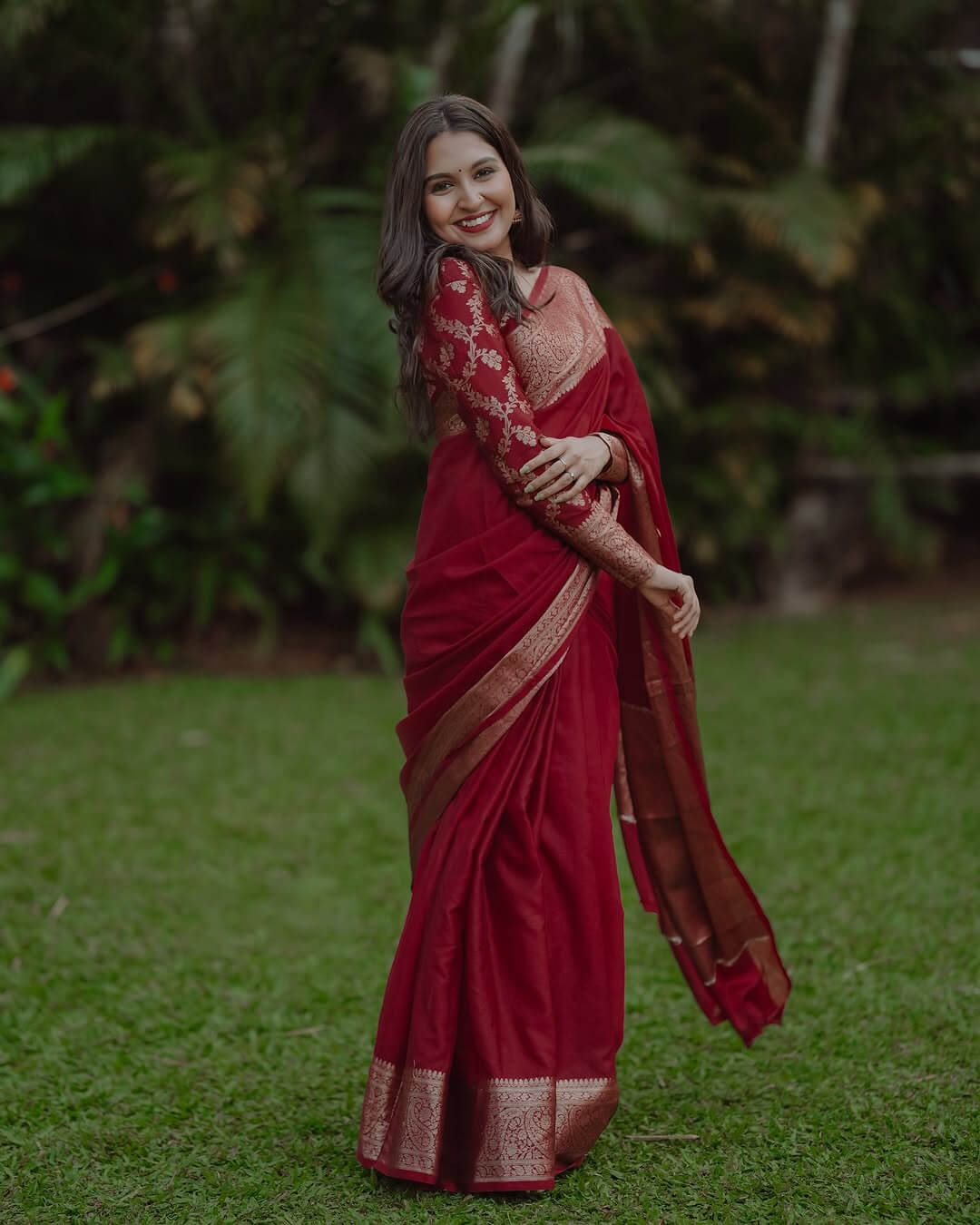 Amazing Maroon Soft Silk Saree With Rhapsody Blouse Piece - Image 3