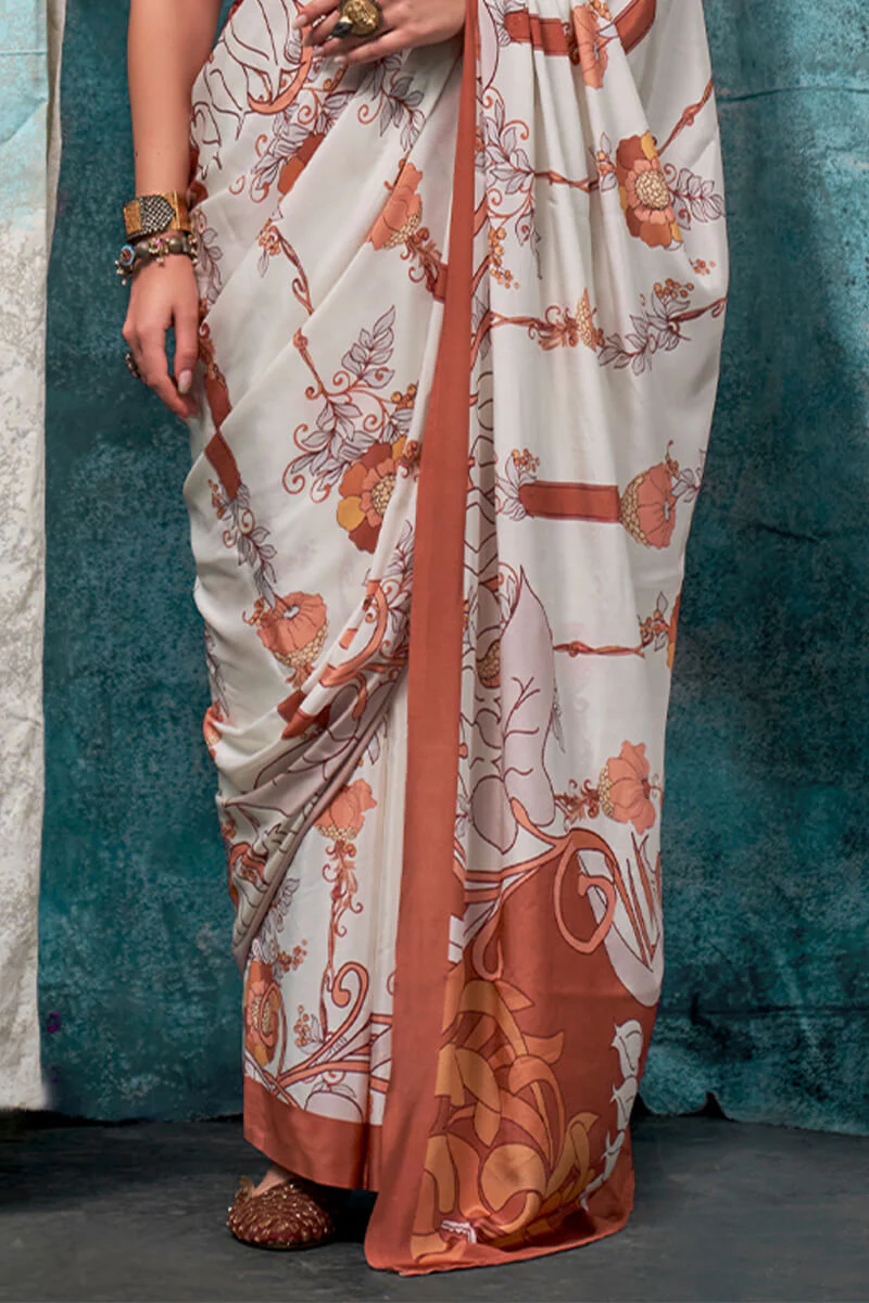 Amazing Off White Digital Printed Crape Silk Saree With Dazzling Blouse Piece - Image 3