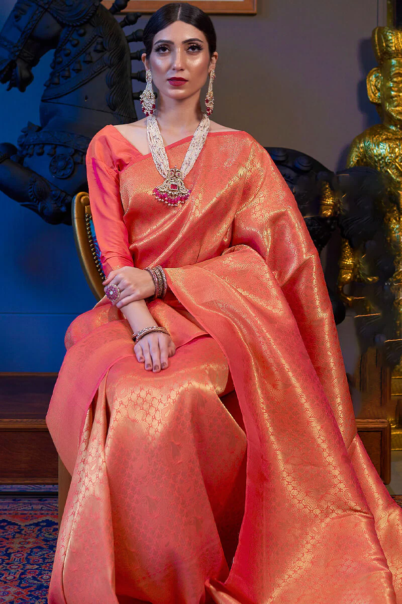 Amazing Orange Kanjivaram Silk Saree With Girlish Blouse Piece - Image 2