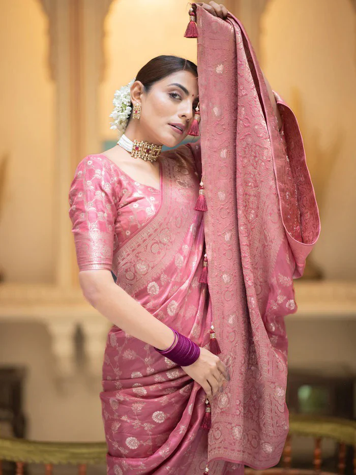 Amazing Pink Soft Silk Saree With Elegant Blouse Piece - Image 2