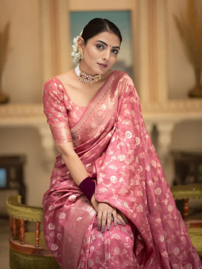 Amazing Pink Soft Silk Saree With Elegant Blouse Piece - Image 4
