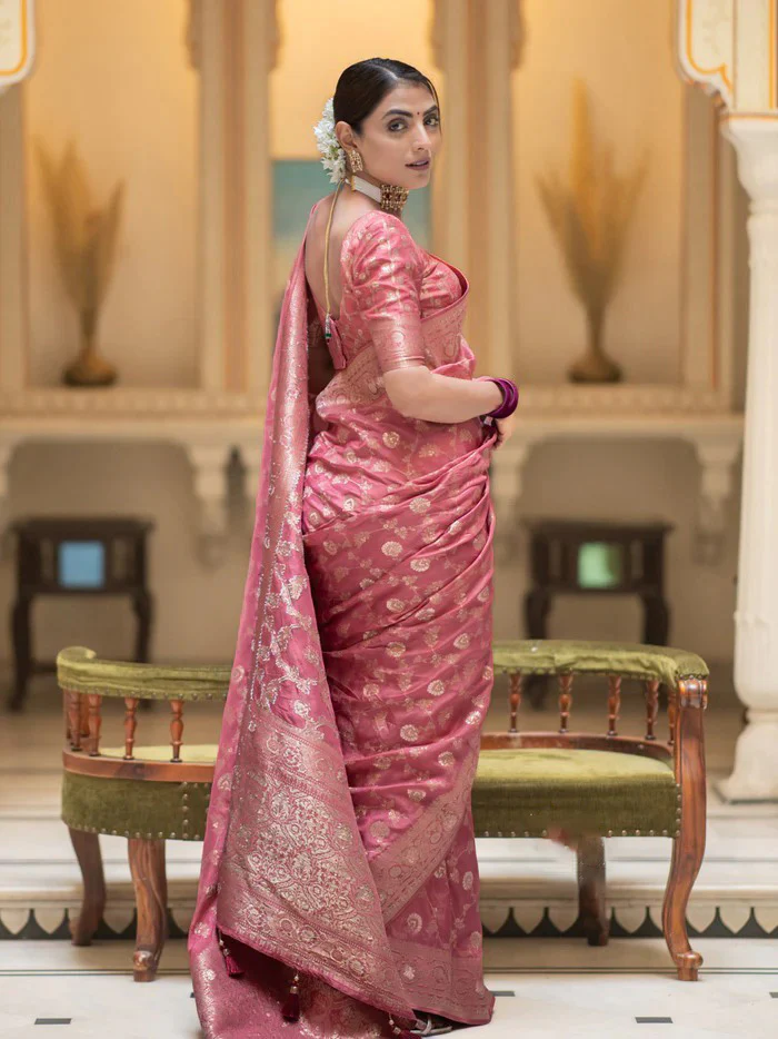 Amazing Pink Soft Silk Saree With Elegant Blouse Piece - Image 6