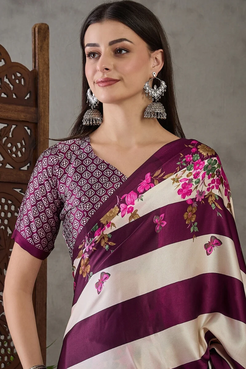 Amazing Purple Ajrakh Printed Semi Modal Silk Saree With Desirable Blouse Piece - Image 2