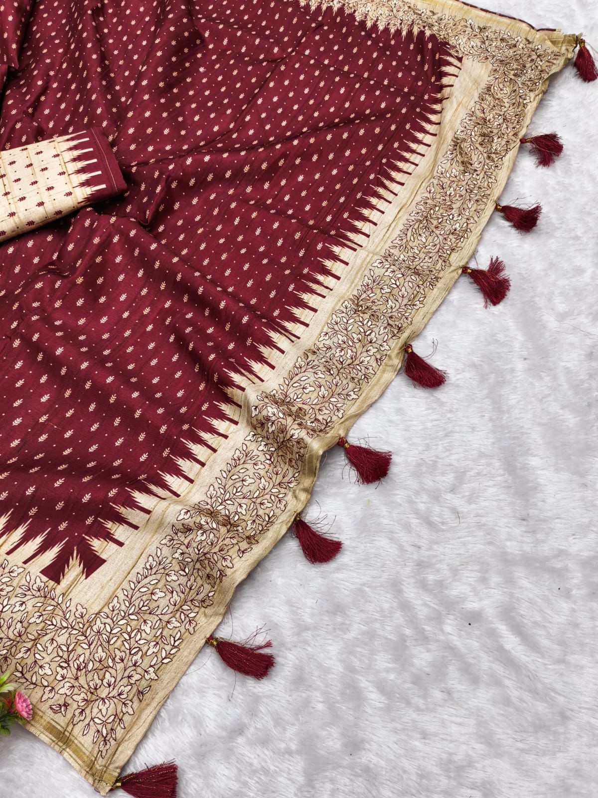 Amiable Maroon Embroidery Work Tussar Silk Saree With Engaging Blouse Piece - Image 2