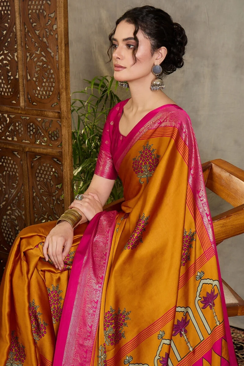Amiable Mustard Ajrakh Printed Semi Modal Silk Saree With Gratifying Blouse Piece - Image 2