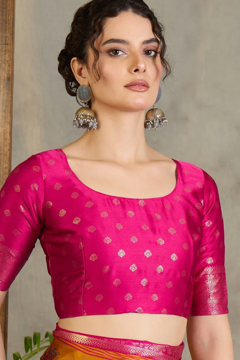 Amiable Mustard Ajrakh Printed Semi Modal Silk Saree With Gratifying Blouse Piece - Image 6