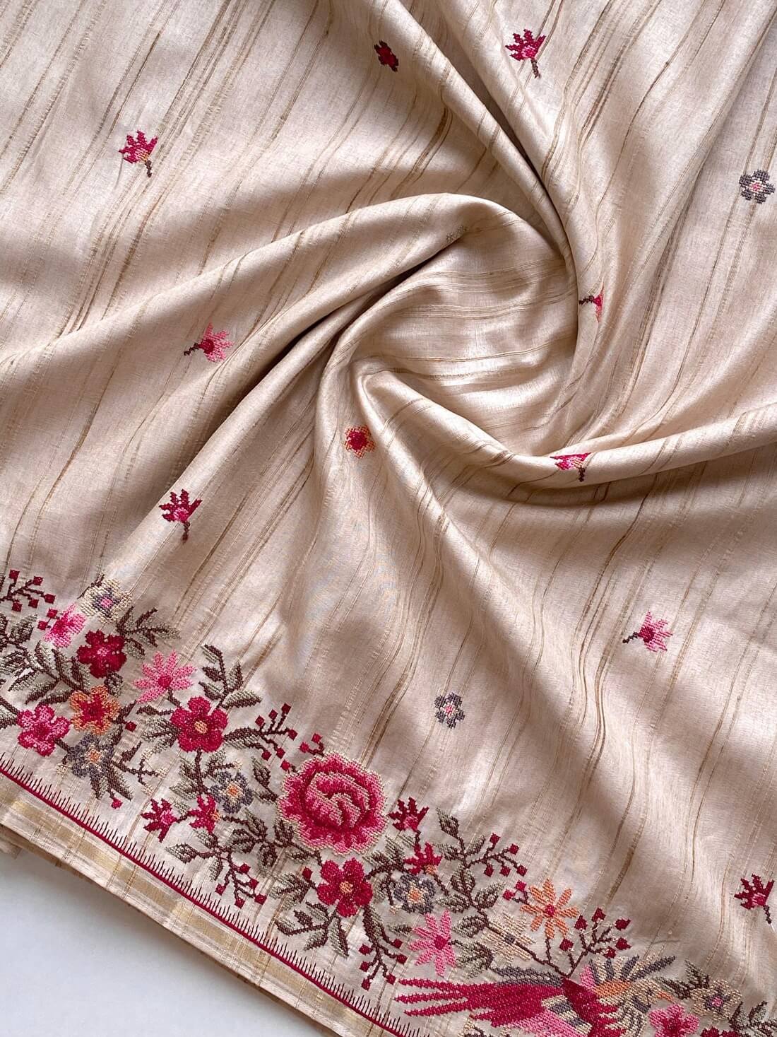 Angelic Beige Embroidery Work Tussar Silk Saree With Traditional Blouse Piece - Image 6