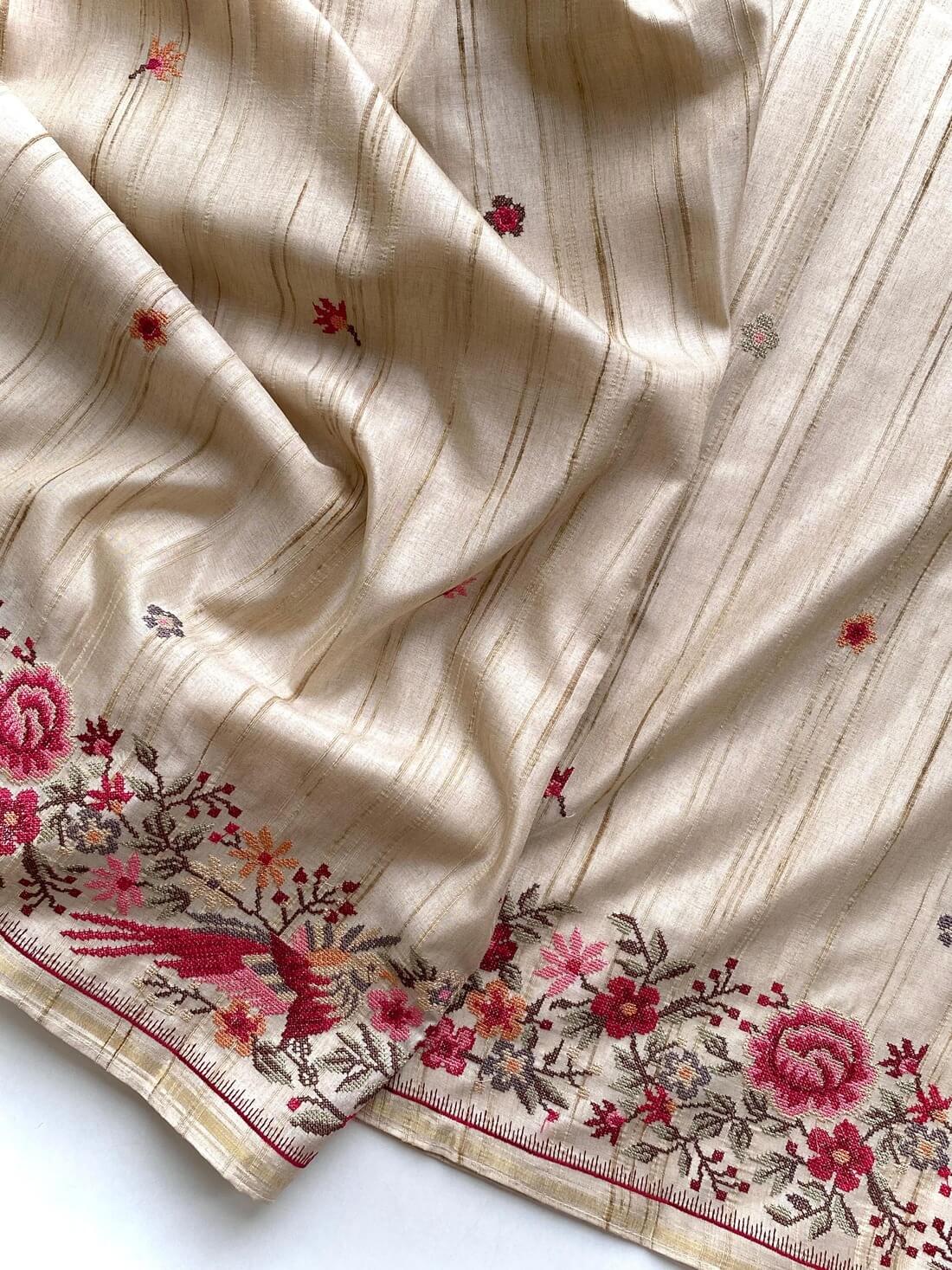Angelic Beige Embroidery Work Tussar Silk Saree With Traditional Blouse Piece - Image 8