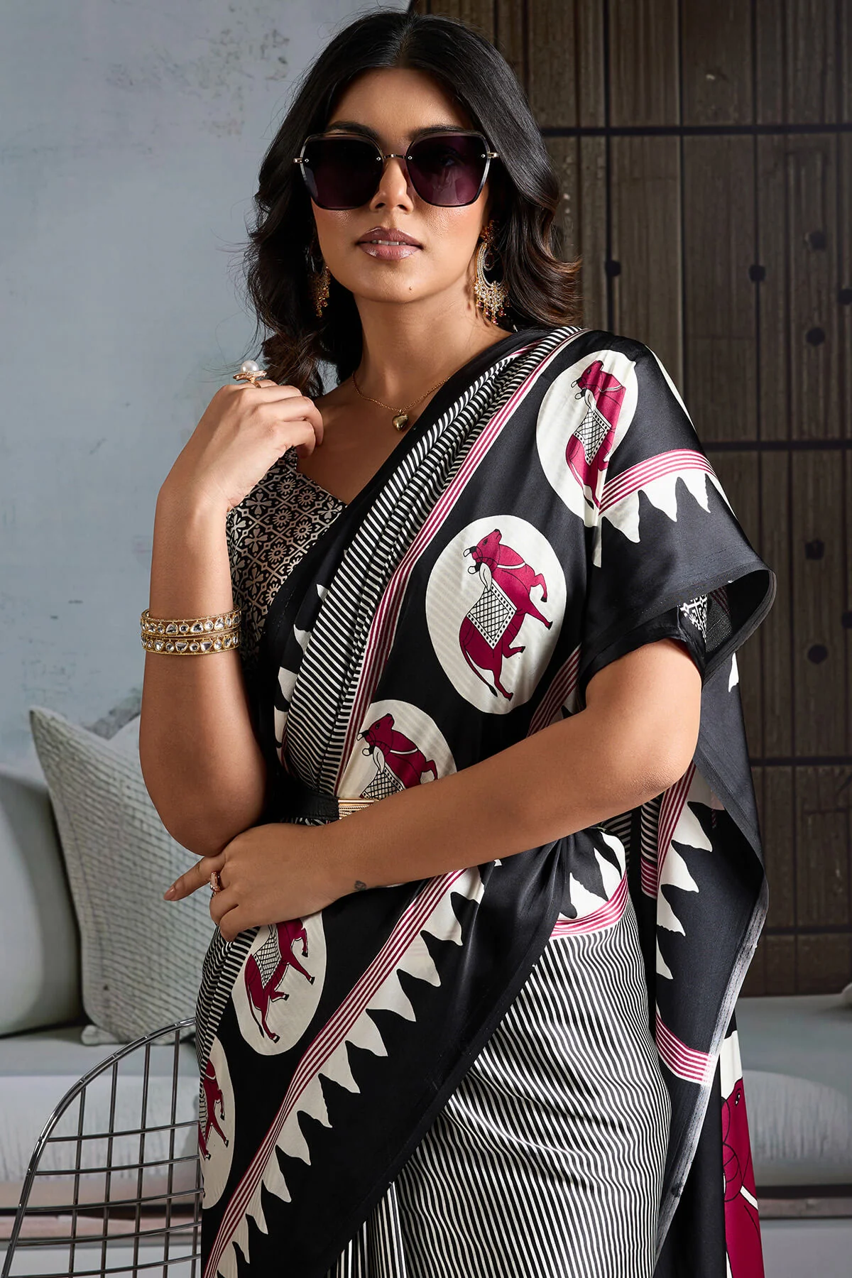 Angelic Black Ajrakh Printed Satin Silk Saree With Staring Blouse Piece - Image 2