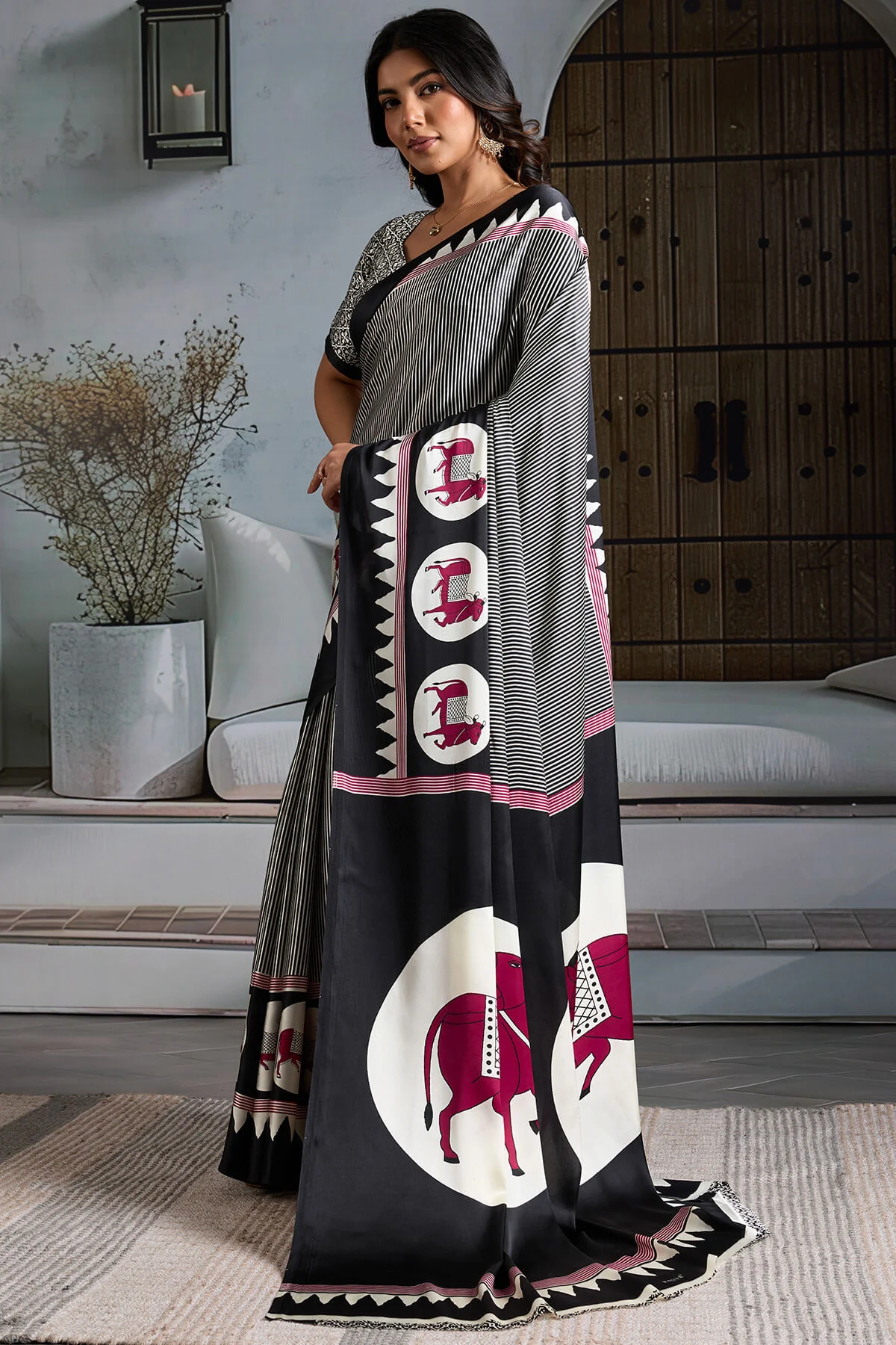 Angelic Black Ajrakh Printed Satin Silk Saree With Staring Blouse Piece - Image 3