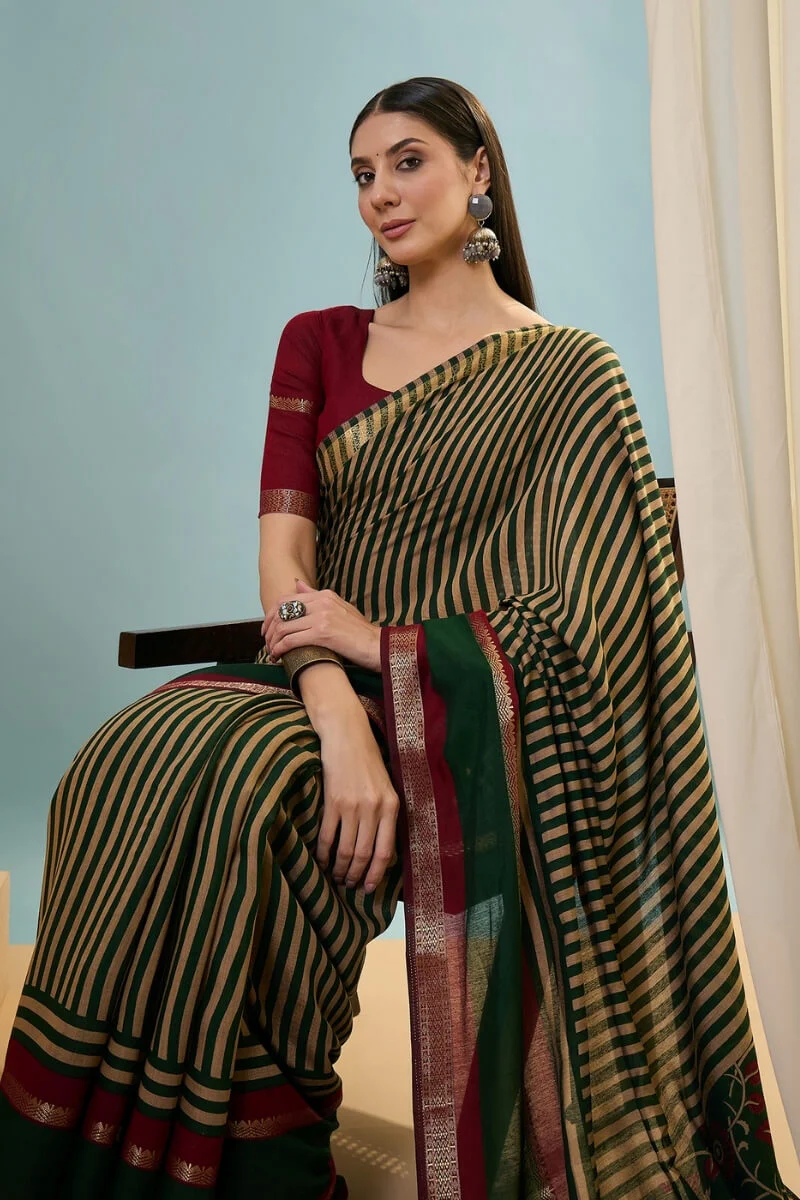 Angelic Dark Green Printed Cotton Silk Saree With Stylish Blouse Piece - Image 2