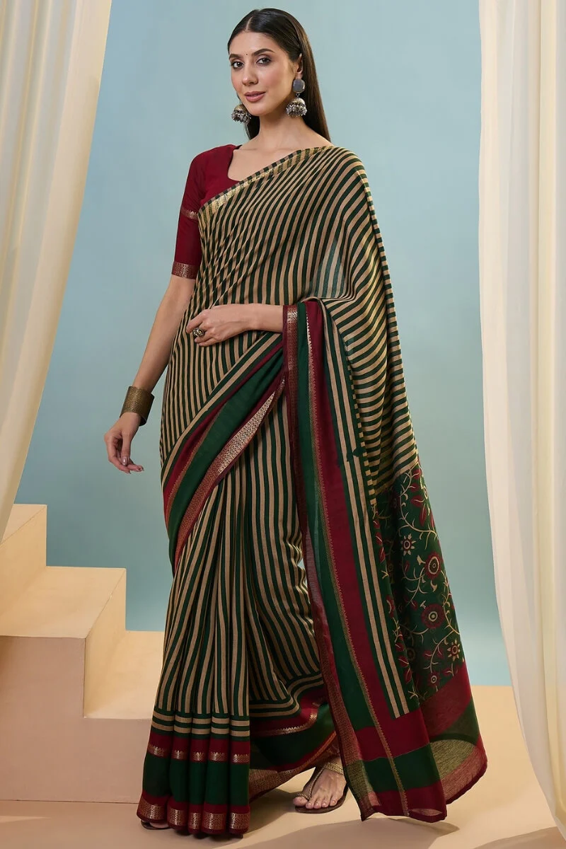Angelic Dark Green Printed Cotton Silk Saree With Stylish Blouse Piece - Image 5