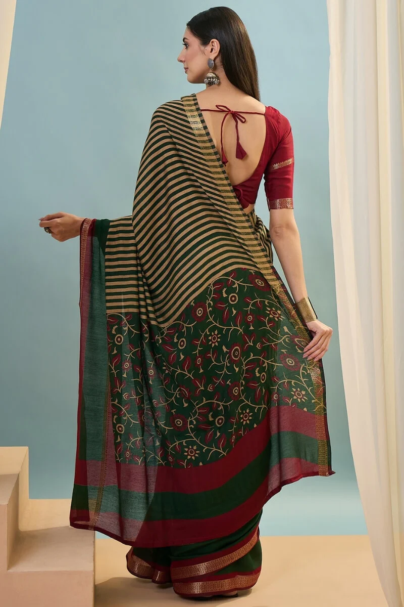 Angelic Dark Green Printed Cotton Silk Saree With Stylish Blouse Piece - Image 7