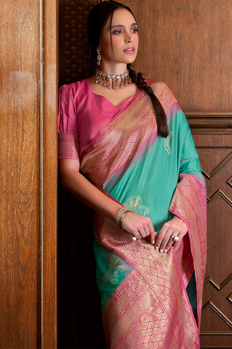 Angelic Firozi Soft Banarasi Silk Saree With Ailurophile Blouse Piece - Image 2