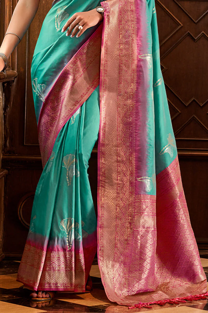 Angelic Firozi Soft Banarasi Silk Saree With Ailurophile Blouse Piece - Image 3