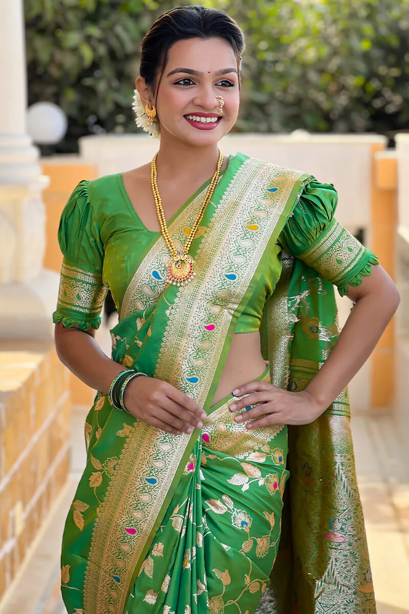 Angelic Mehndi Soft Banarasi Silk Saree With Chatoyant Blouse Piece - Image 2
